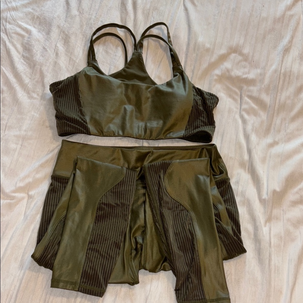 Fabletics metallic Olive Green workout set